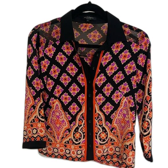 Nanette Lepore Silk Paisley Floral Button down 3/4 sleeve collared Blouse size 2 - Picture 1 of 5
